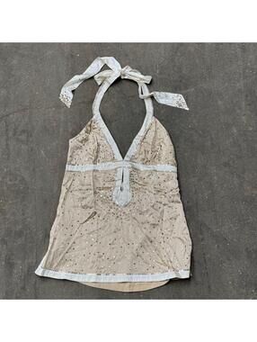 Vintage Y2K Bebe Champagne Silk Sequin Halter Tunic